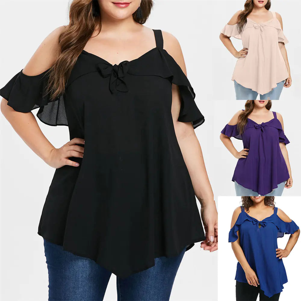 Plus Size V Neck Flare Sleeve Tunic Blouse for Women