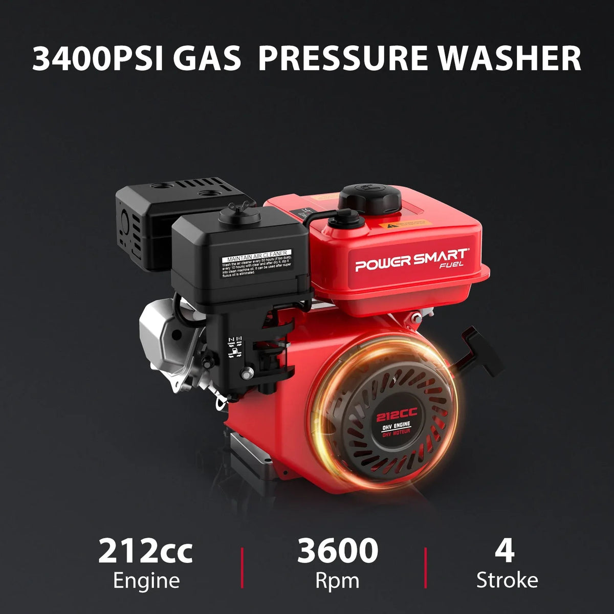 Electric start button and fuel tank of the gas pressure washer visible in red frame.