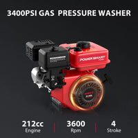 Electric start button and fuel tank of the gas pressure washer visible in red frame.