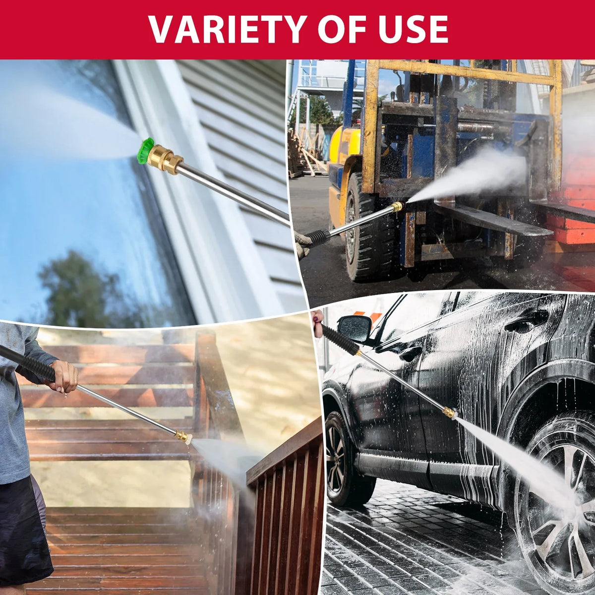 Pressure washer hose coiled beside the unit with sturdy handle for easy transport.