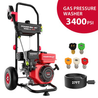 Close-up of pressure washer's engine and controls with red casing and black wheels.