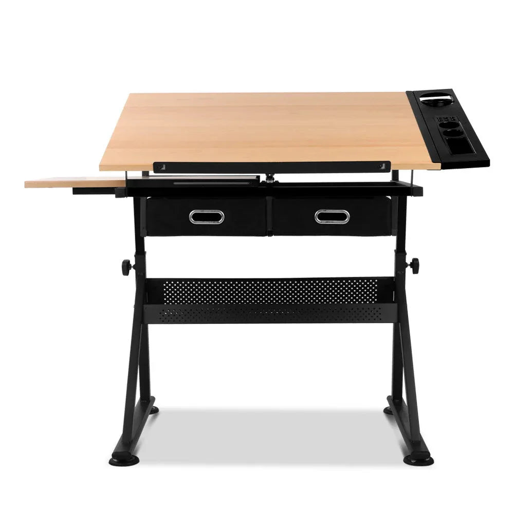 Side view of drafting table showing slide-out tray under wood top and storage drawers on the side.