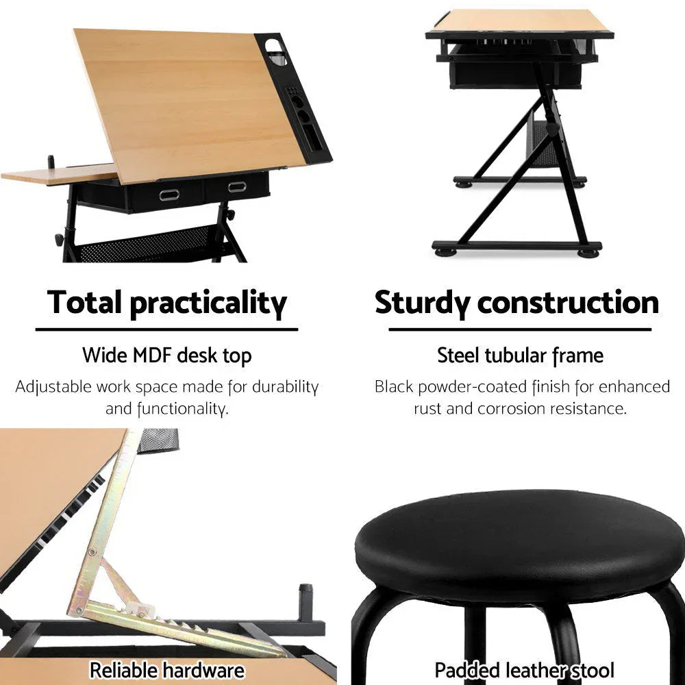Drafting table tilted to an angle with stool positioned for drawing, highlighting the apron edge design.
