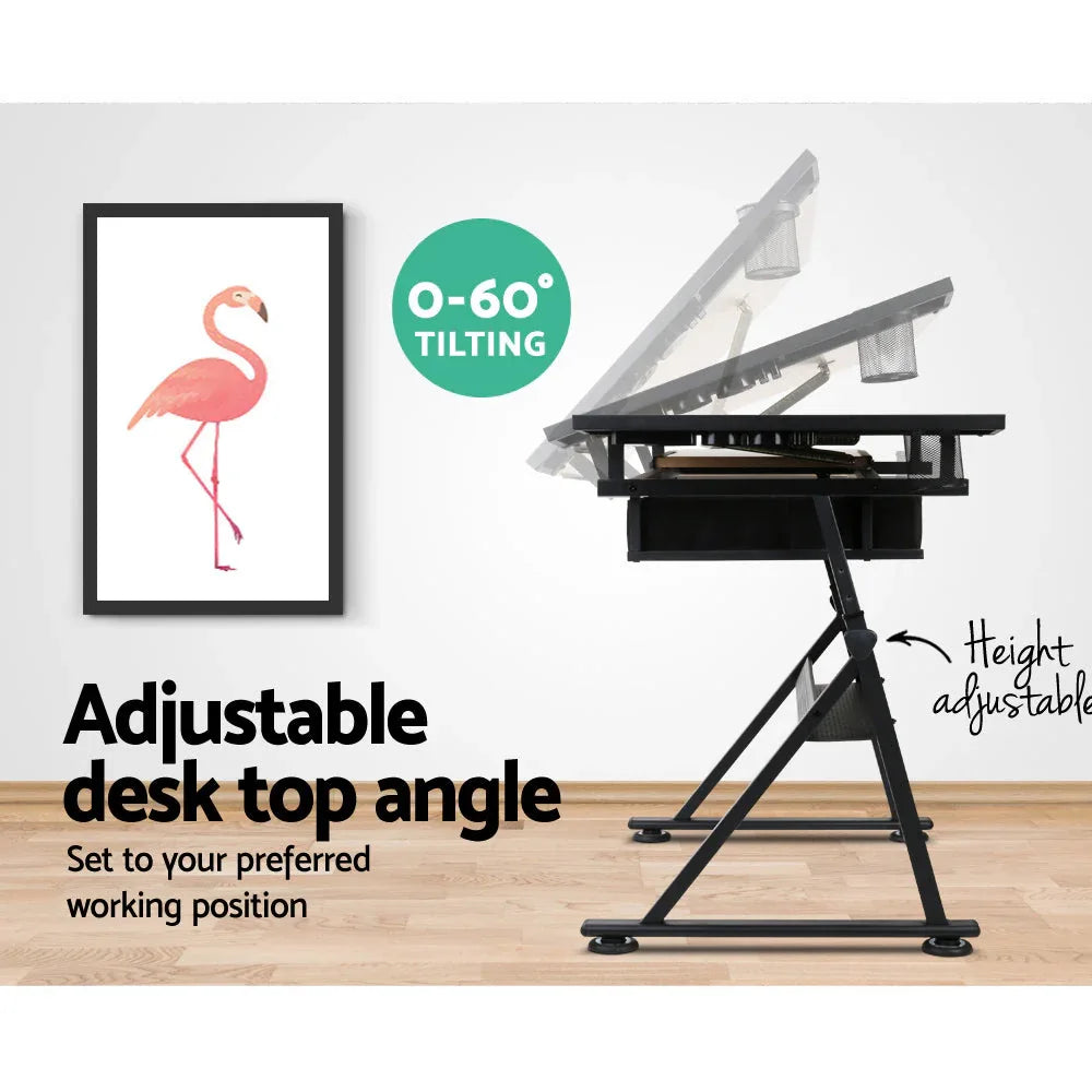 Sturdy black powder-coated steel frame of drafting table with anti-scratch feet pads for stability.