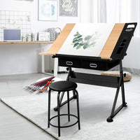 Artiss drafting table set in natural and black finish displayed in minimalist workspace setting.