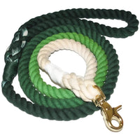 Hand-dyed ombre cotton rope dog leash with nickel hardware displayed on wooden surface.