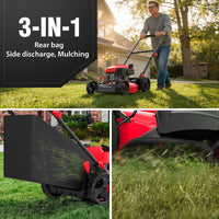 A red and black push lawn mower with a 17-inch deck and adjustable cutting height sits on a grassy lawn.