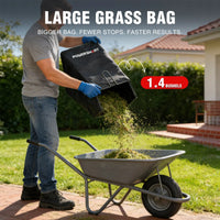Red gas-powered lawn mower with a black handle, featuring a 17-inch cutting deck and adjustable cutting heights.