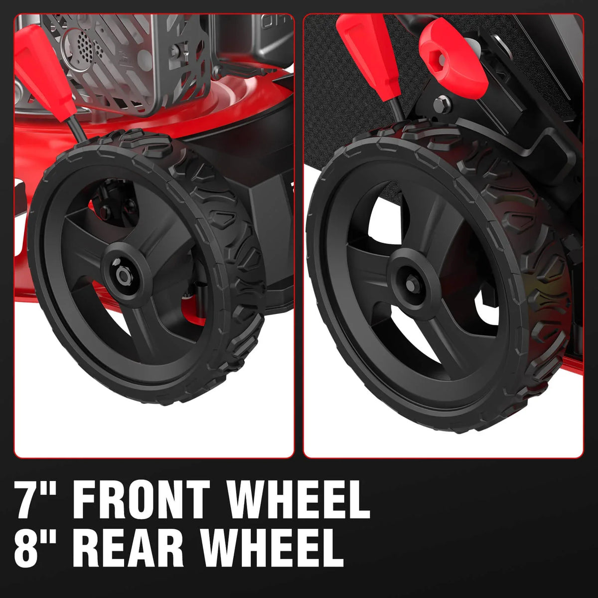 Front angle of gas lawn mower showing 7-inch front wheels and durable cutting deck