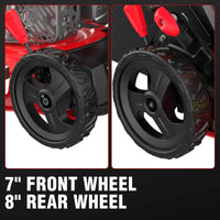 Front angle of gas lawn mower showing 7-inch front wheels and durable cutting deck