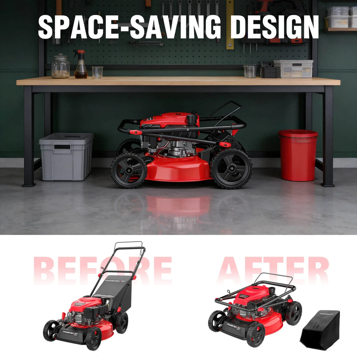 A red and black gas-powered push lawn mower with a 17-inch deck and adjustable cutting height.