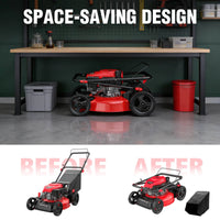 A red and black gas-powered push lawn mower with a 17-inch deck and adjustable cutting height.