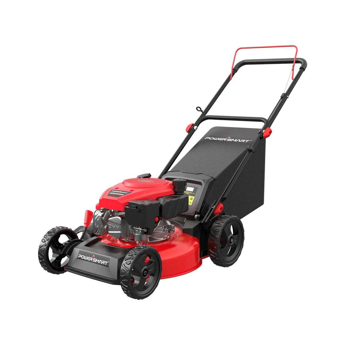 A red gas-powered push lawn mower with a 17-inch deck and adjustable cutting height, shown on green grass.