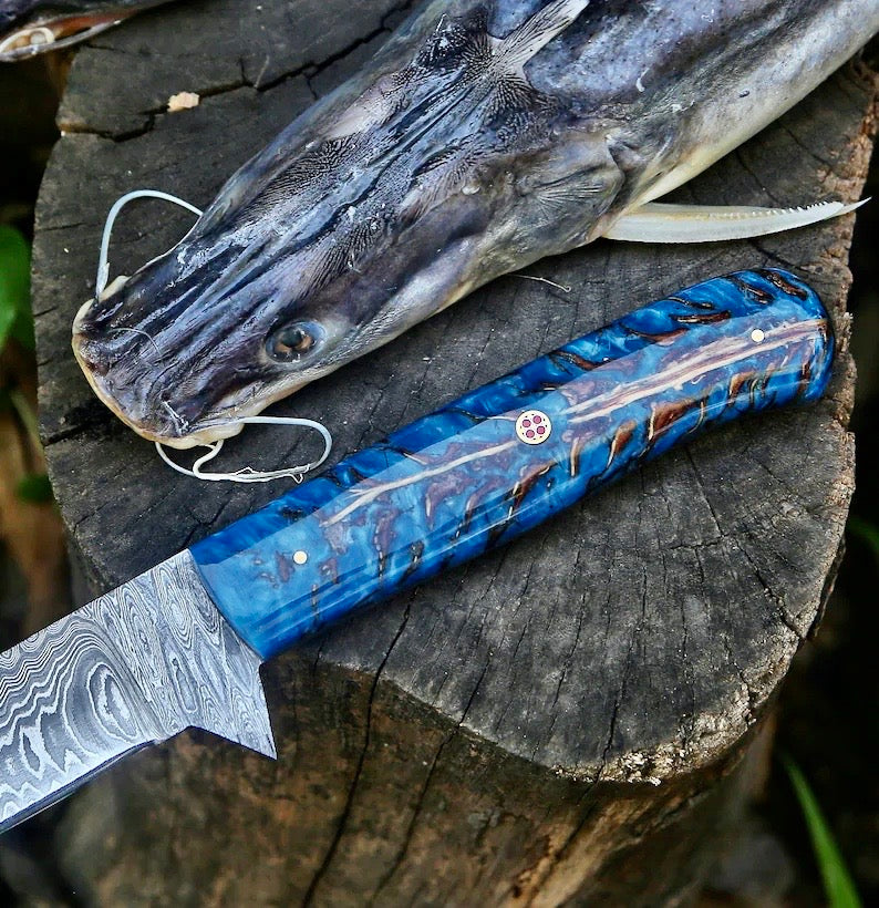 Custom Handmade Damascus Fillet Knife – 13” Pine Cone Handle with Leather Sheath