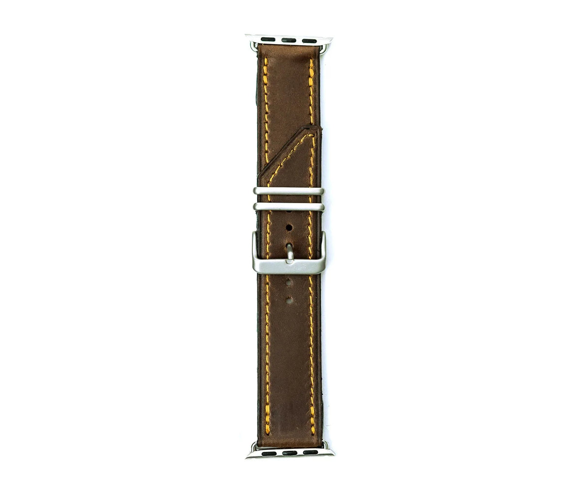 Two brown leather Apple Band Designer watch bands side by side on clean surface with visible stitching.
