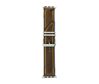 Two brown leather Apple Band Designer watch bands side by side on clean surface with visible stitching.