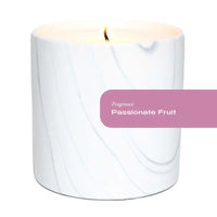 Hand-painted white marble ceramic vessel candle with gray and black swirls, 6oz Passionate Fruit scent.