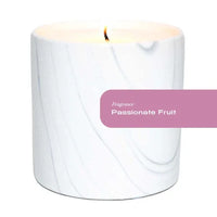White marble ceramic candle vessel showing unique hand-painted swirls in gray and black tones.