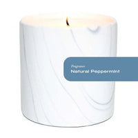 Detailed view of white marble ceramic candle container featuring elegant gray and black swirls design.