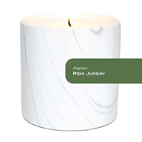 Isolated shot of Ripe Juniper White Marble Candle showing the unique white marble ceramic container with elegant gray and