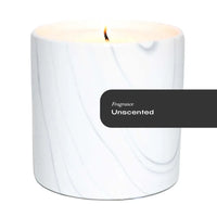 Hand-painted white marble ceramic candle vessel with gray and black swirls, unscented candle inside.