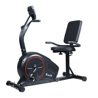 Everfit Magnetic Recumbent Exercise Bike shown from the side with padded seat and backrest in black.