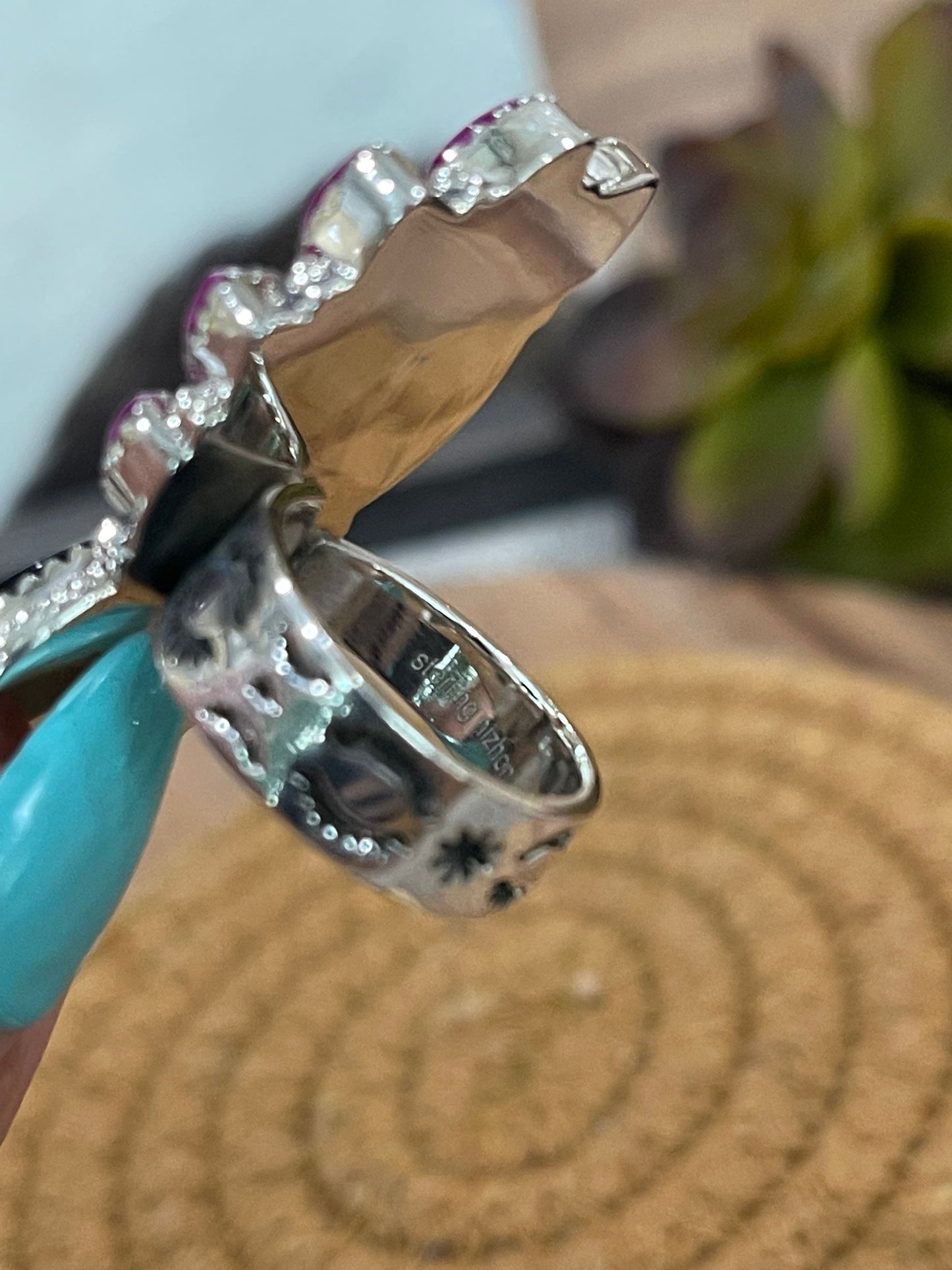 Handmade Sterling Silver, Onyx & Pink Onyx Cluster Adjustable Ring