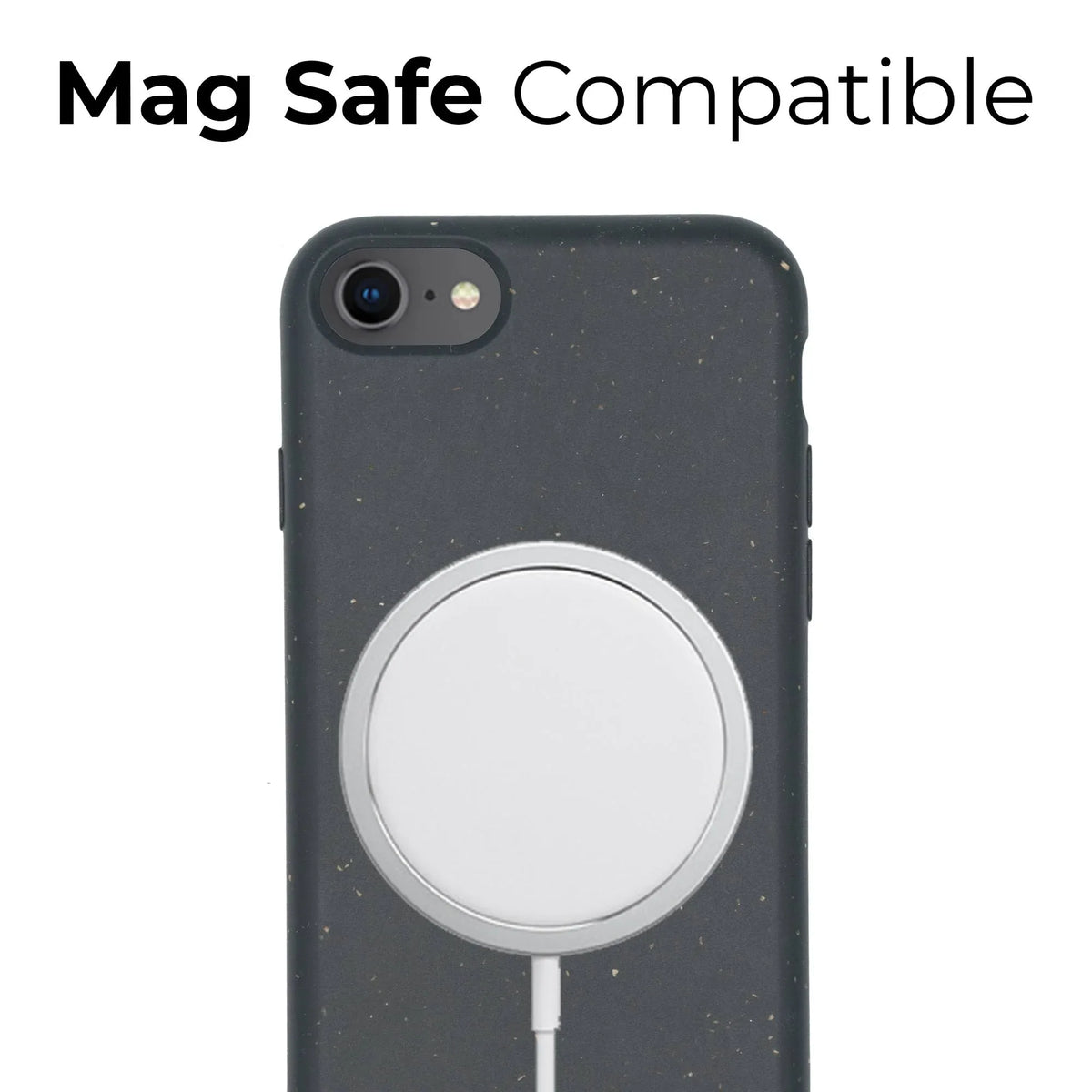 Eco-friendly black phone case compatible with MagSafe and wireless charging.