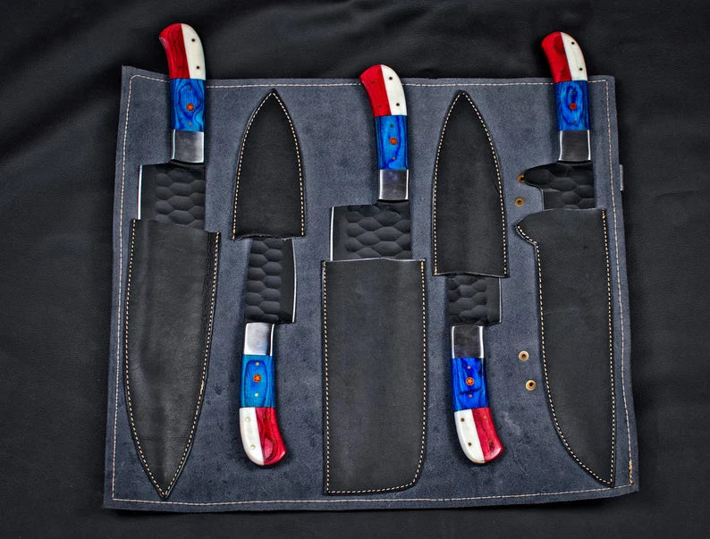 Custom Hand Forged Carbon Steel Chef’s Knife Set – 5 PCS BBQ & Kitchen Knives | Best Anniversary Gift for Him
