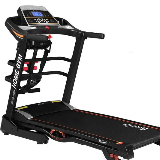 Everfit Electric Treadmill angled side view showing black frame and digital console