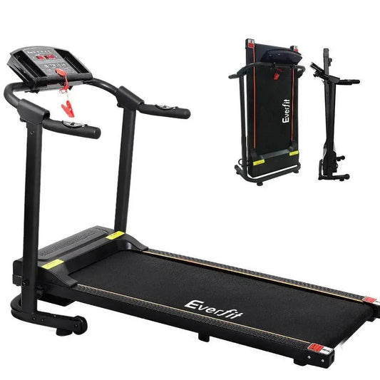 Everfit Electric Treadmill angled side view highlighting sturdy steel frame and running belt.