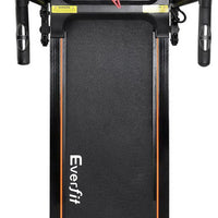 Side profile of treadmill showing anti-slip belt and soft-grip handle bar with pulse sensors.