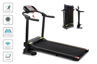 Folded treadmill showing space-saving feature ideal for home fitness areas.