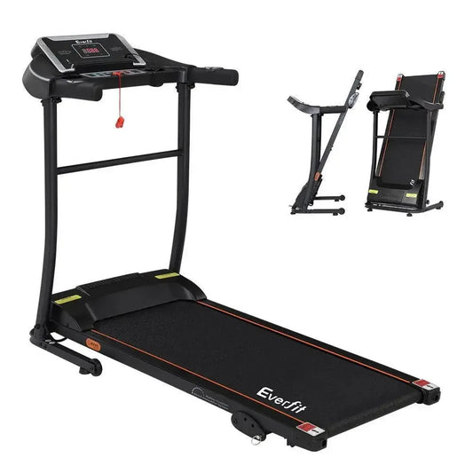 Everfit Electric Treadmill angled view showing compact design and sturdy steel frame