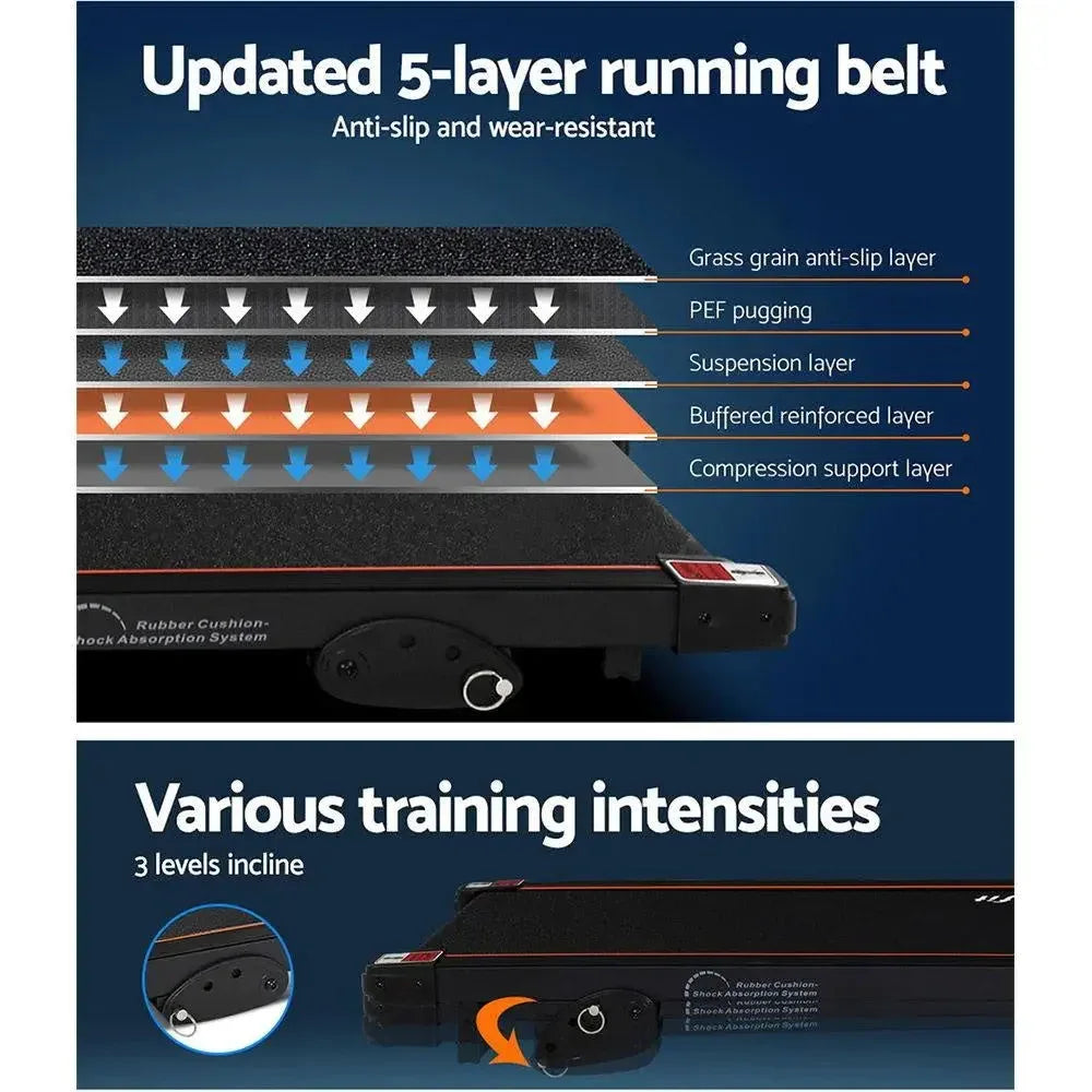 Folded treadmill showcasing compact storage capability and sturdy frame