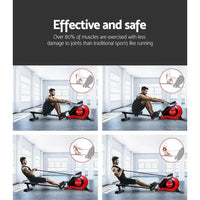 Side view of Everfit rowing machine highlighting adjustable foot straps and molded seat.