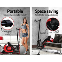 Everfit Magnetic Flywheel Rowing Machine in a home gym setting with wooden floor background.
