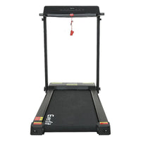 Side view of the treadmill unfolded with running belt and sturdy steel frame.