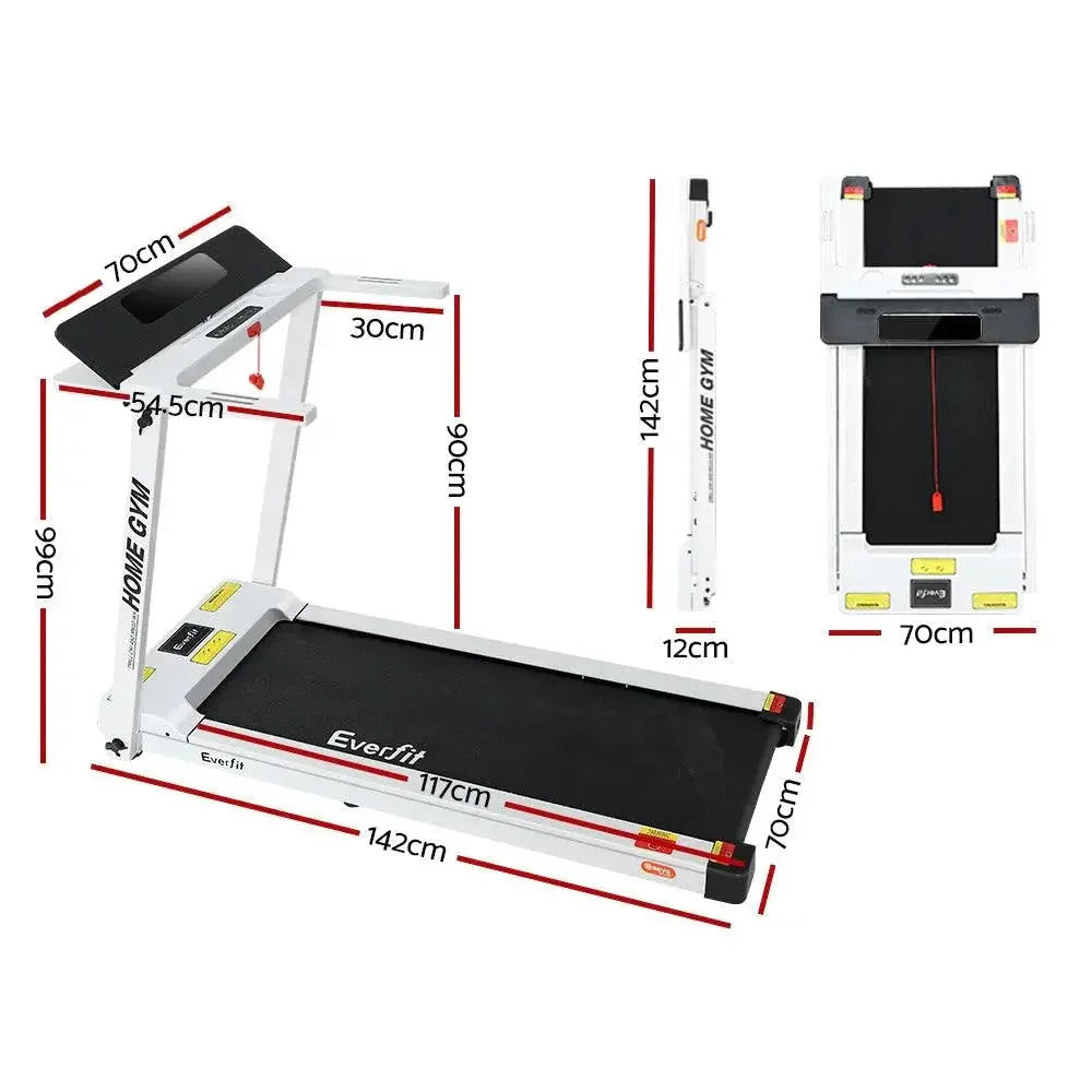 Side view of folded Everfit treadmill showing compact design and anti-slip belt