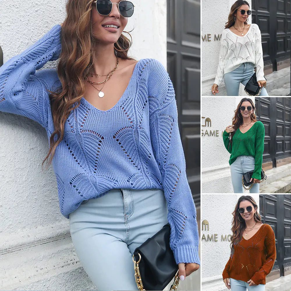 Hollow Leaf V-Neck Long Sleeve Knit Sweater