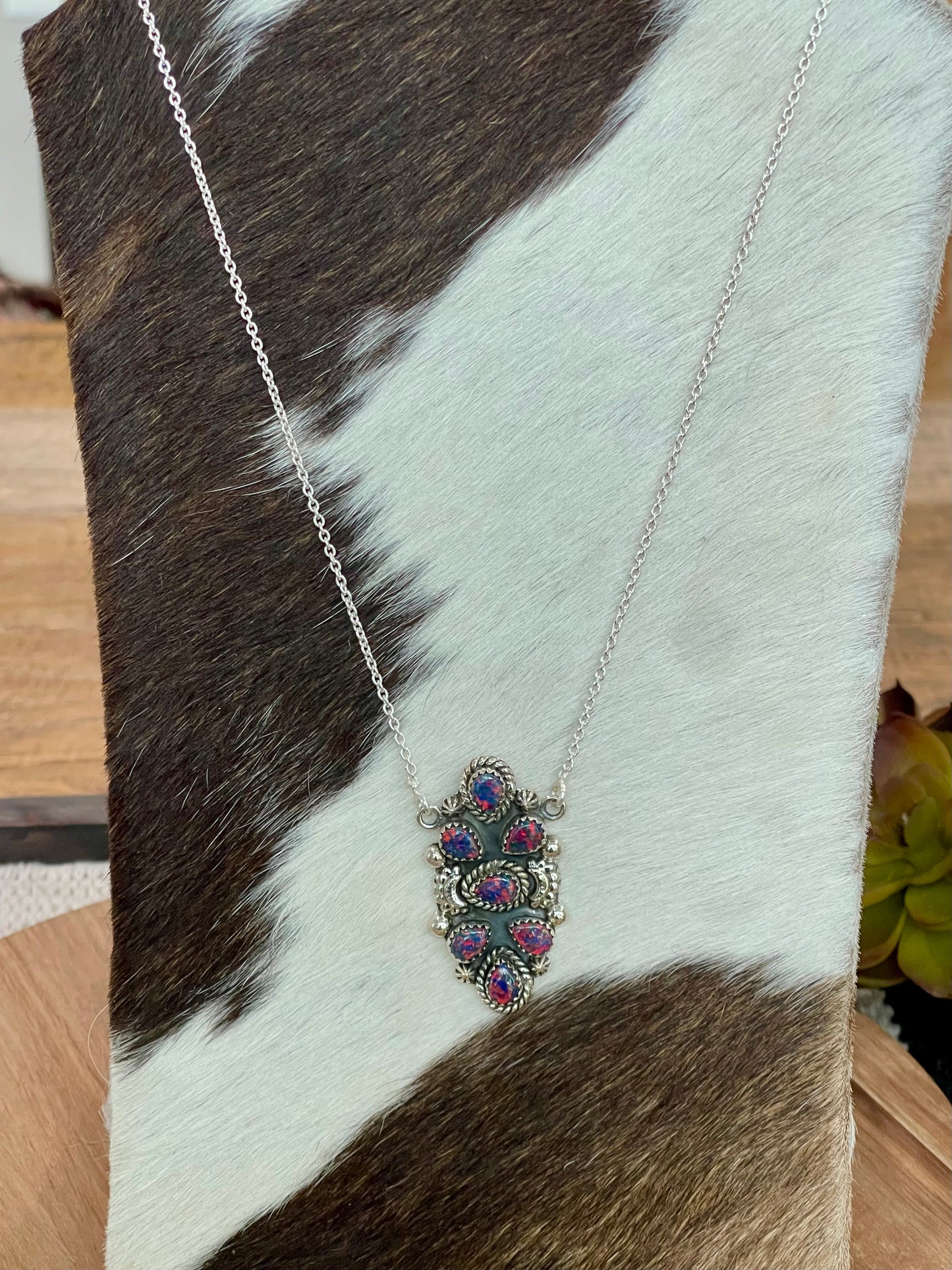 Handmade Sterling Silver & Purple Fire Opal Cluster Necklace