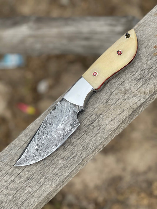 Handmade 9" Damascus Steel Skinning Knife – Camel Bone Handle with Steel Bolster & Leather Sheath