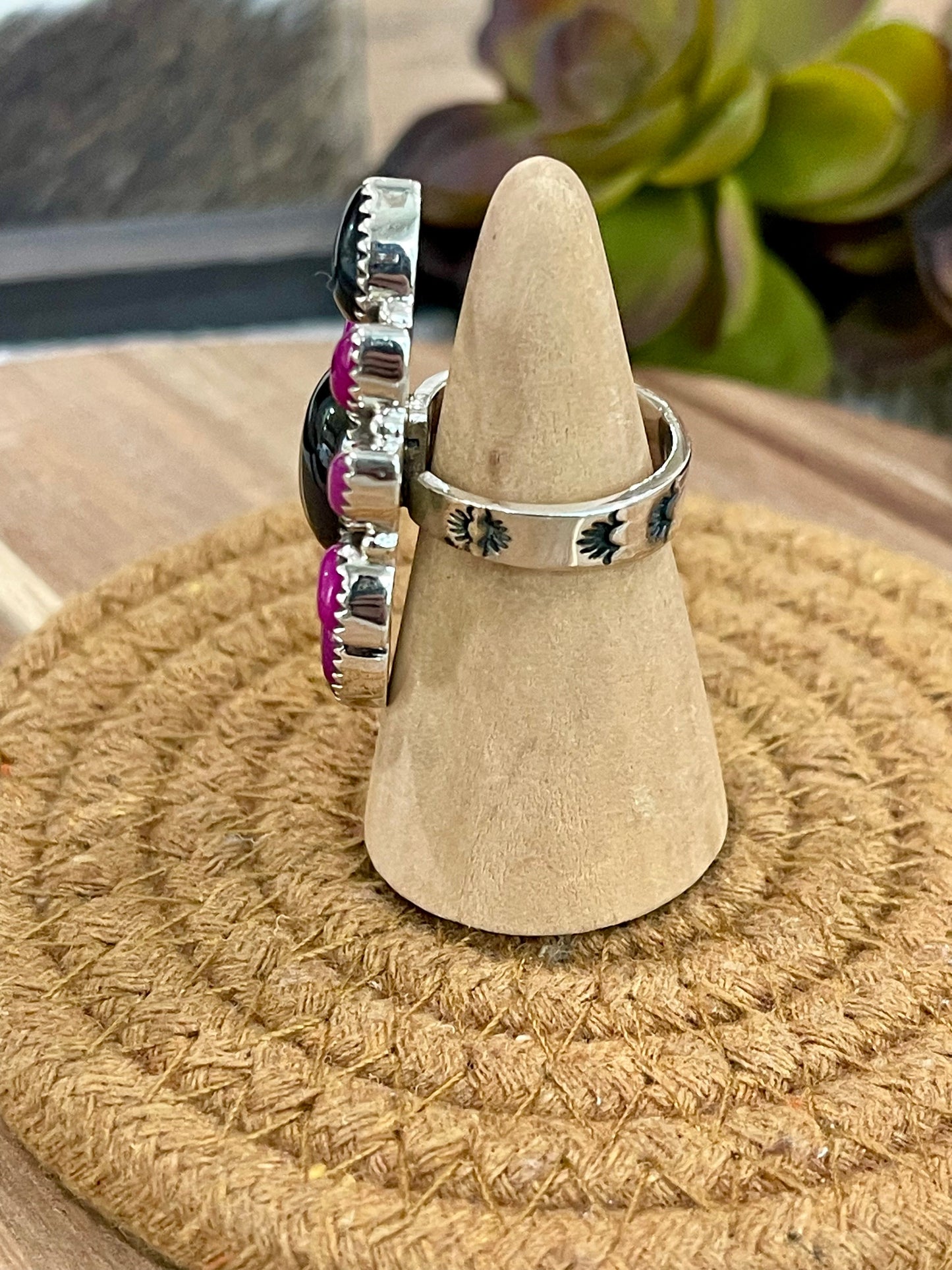 Handmade Sterling Silver, Onyx & Pink Onyx Cluster Adjustable Ring