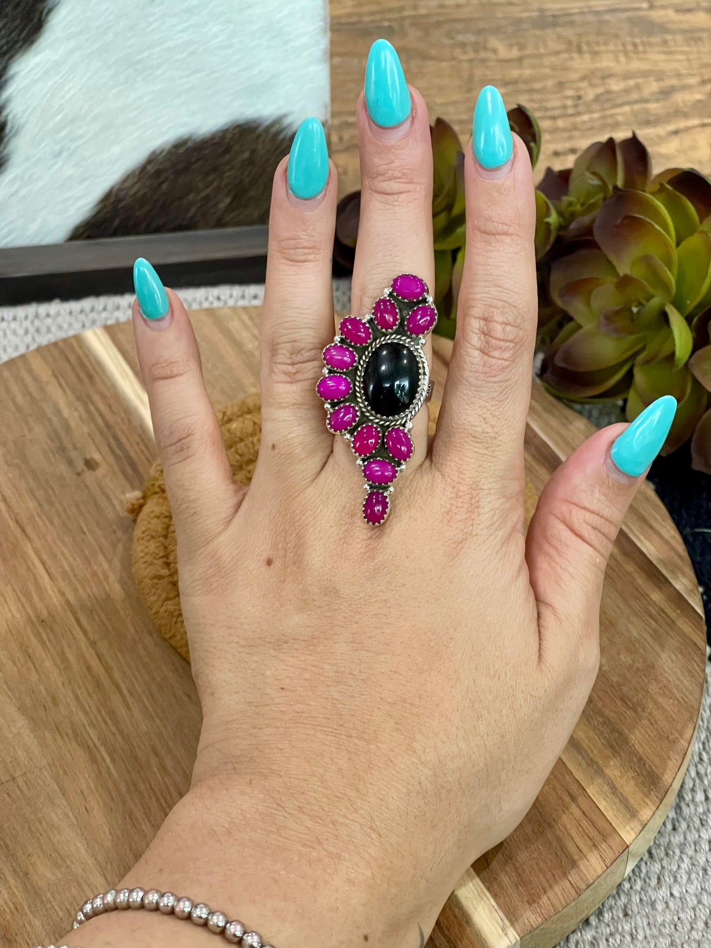 Handmade Sterling Silver, Onyx & Pink Onyx Cluster Adjustable Ring