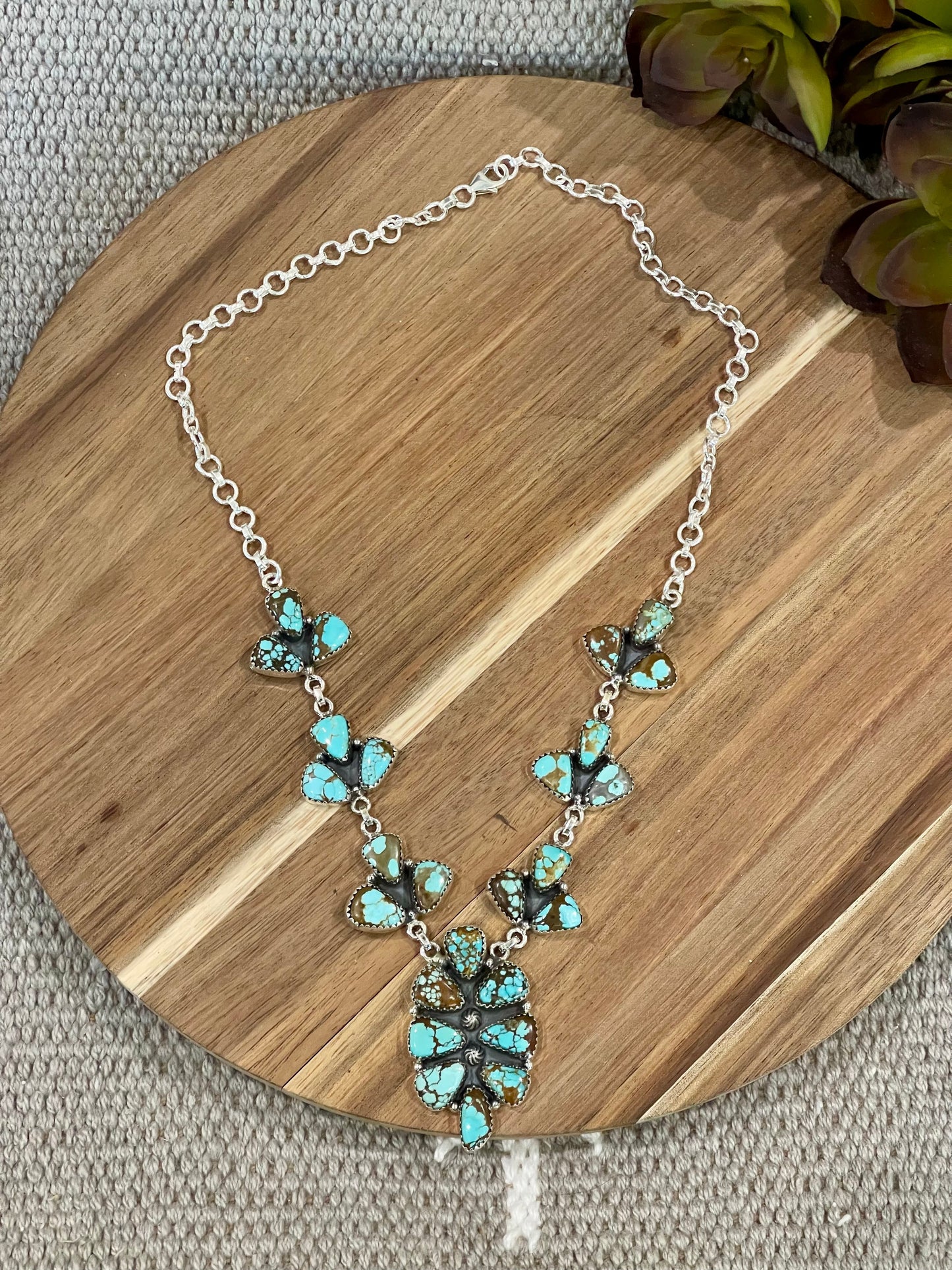 Handmade Sterling Silver & Number 8 Turquoise Cluster Necklace