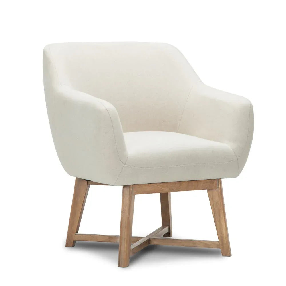 Beige fabric tub lounge armchair with criss-cross wooden base shown from front angle