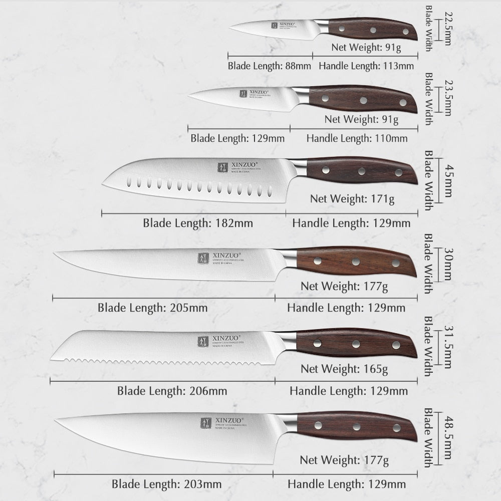 XINZUO Kitchen Tools 6 PCS Kitchen Knife Set of Utility Cleaver Chef Bread Knife High Carbon German Stainless Steel Knives sets