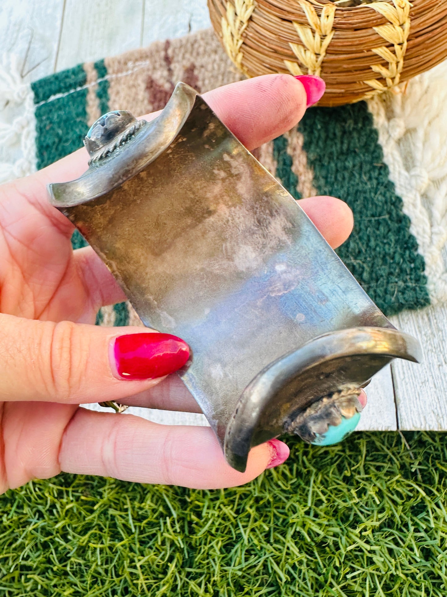 Handcrafted Old Pawn Sterling Silver & Turquoise Watch Cuff Bracelet