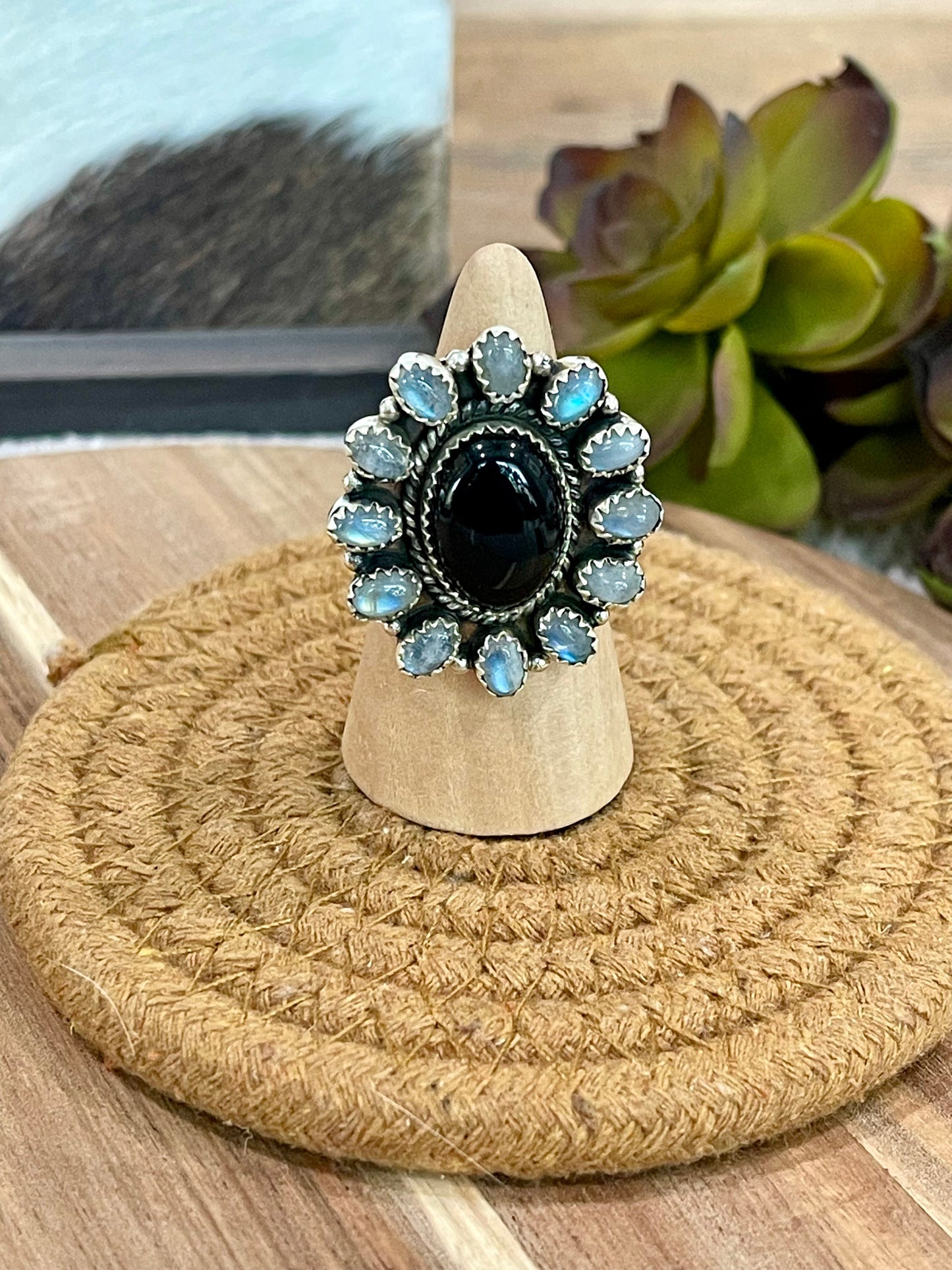 Handmade Sterling Silver, Onyx & Moonstone Cluster Adjustable Ring