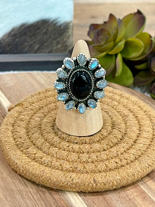 Handmade Sterling Silver, Onyx & Moonstone Cluster Adjustable Ring